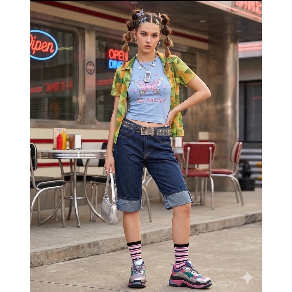 Z Cavaricci Denim Bermuda Shorts Dark Wash Cuffed Y2K Longline Jean‎ Shorts 26